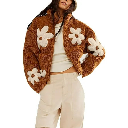 Womens Floral Print Sherpa Fleece Jackets Winter Zipper Cropped Coat Casual Long Sleeve Warm Fuzzy Outwear with Pockets | Walmart (US)