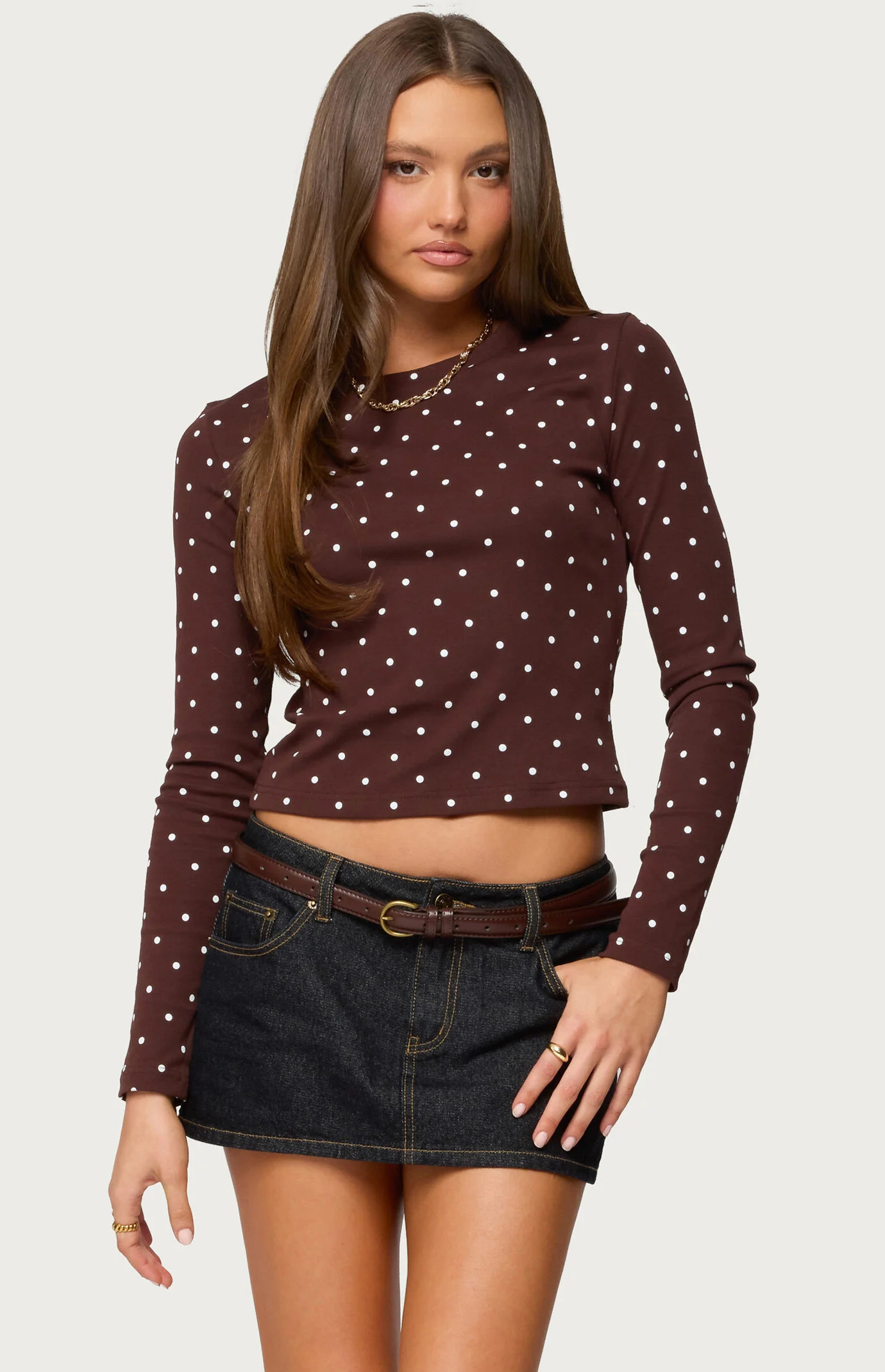 Edikted Women's Daliya Polka Dot Long Sleeve Top in Brown - Size Small | PacSun
