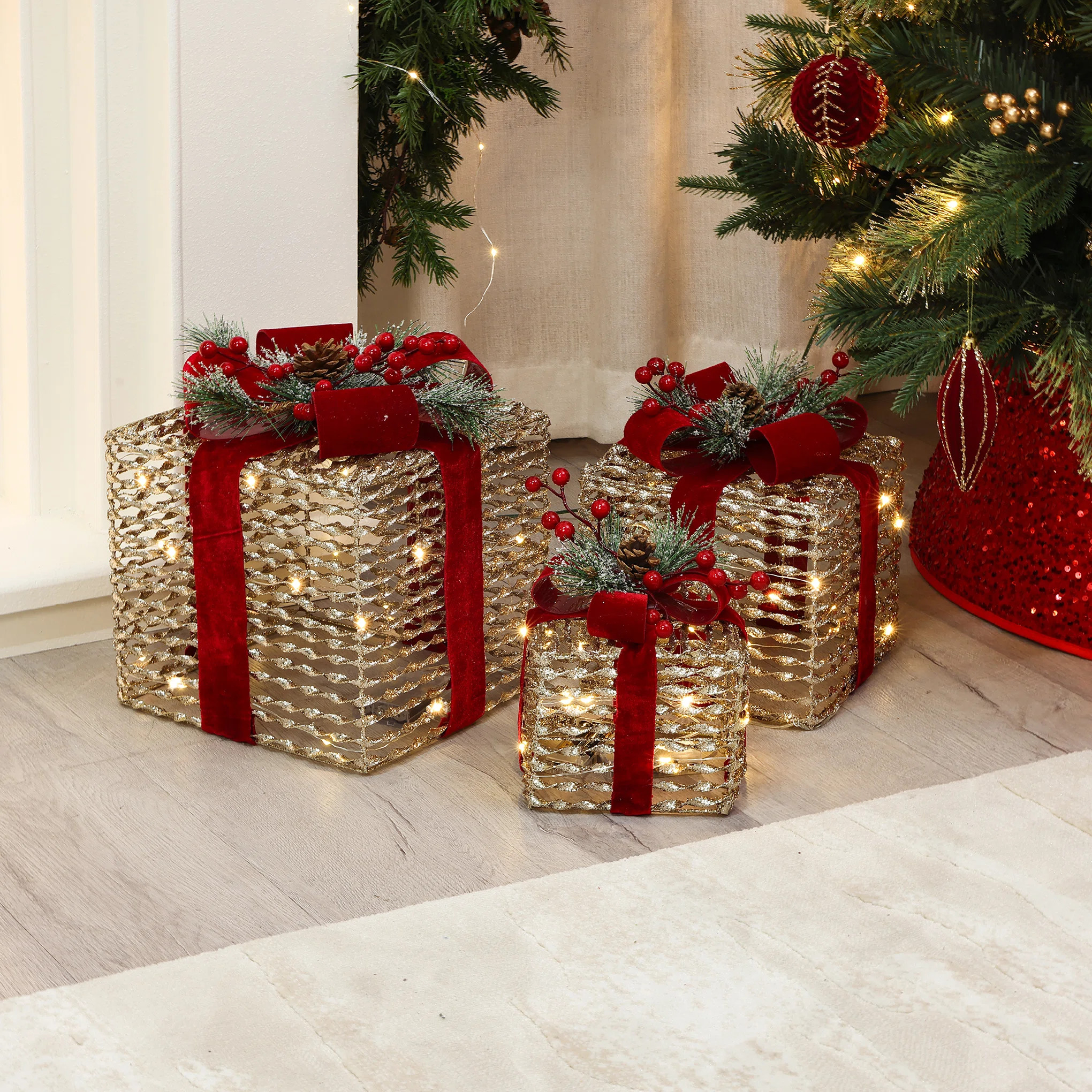 Astoria Grand 3-Piece Gift Box Set with Red Ribbon Outdoor Holiday Decoration with Lights | Wayfa... | Wayfair North America