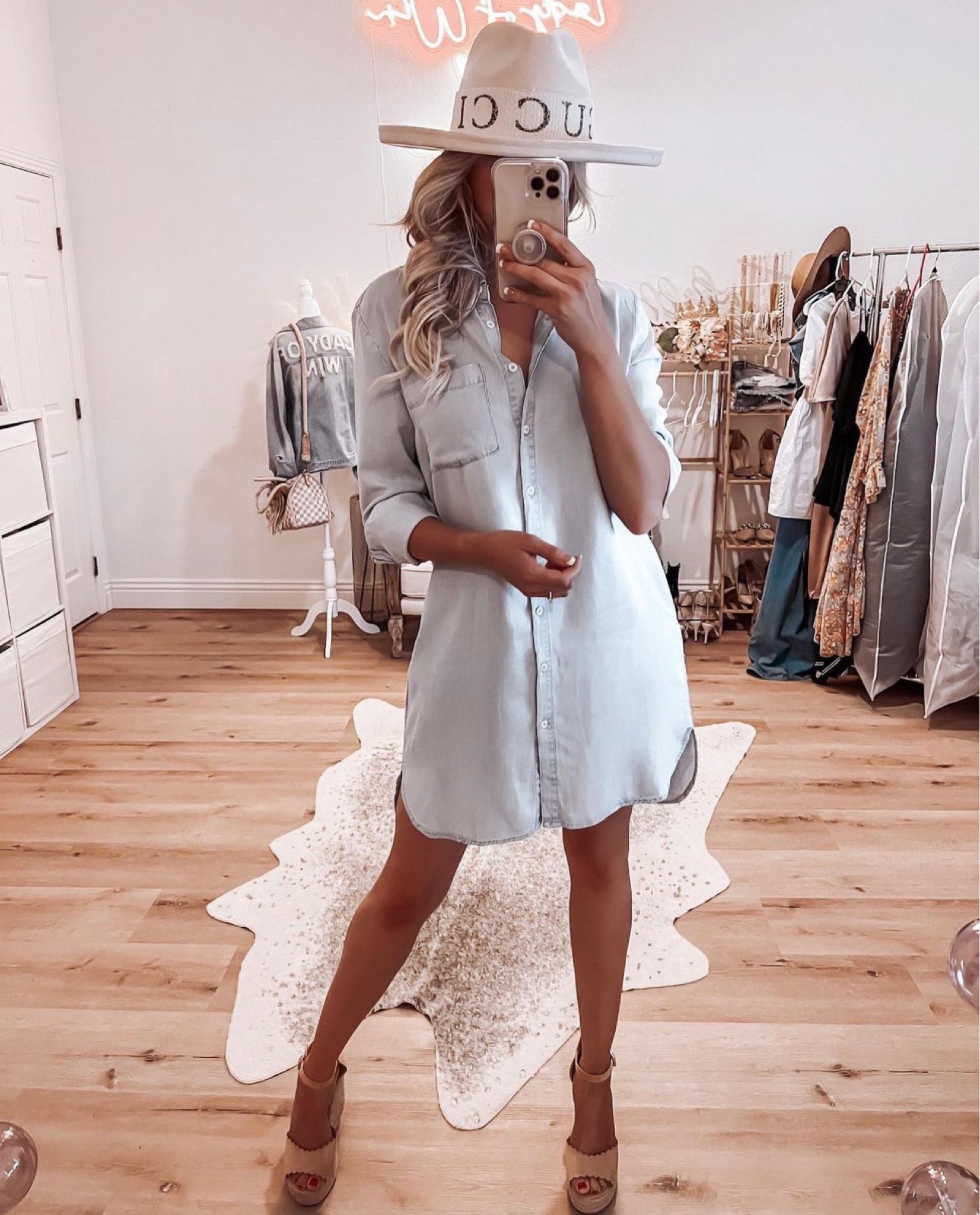 Chambray shirt dress and designer hat band

#LTKstyletip #LTKSeasonal #LTKworkwear