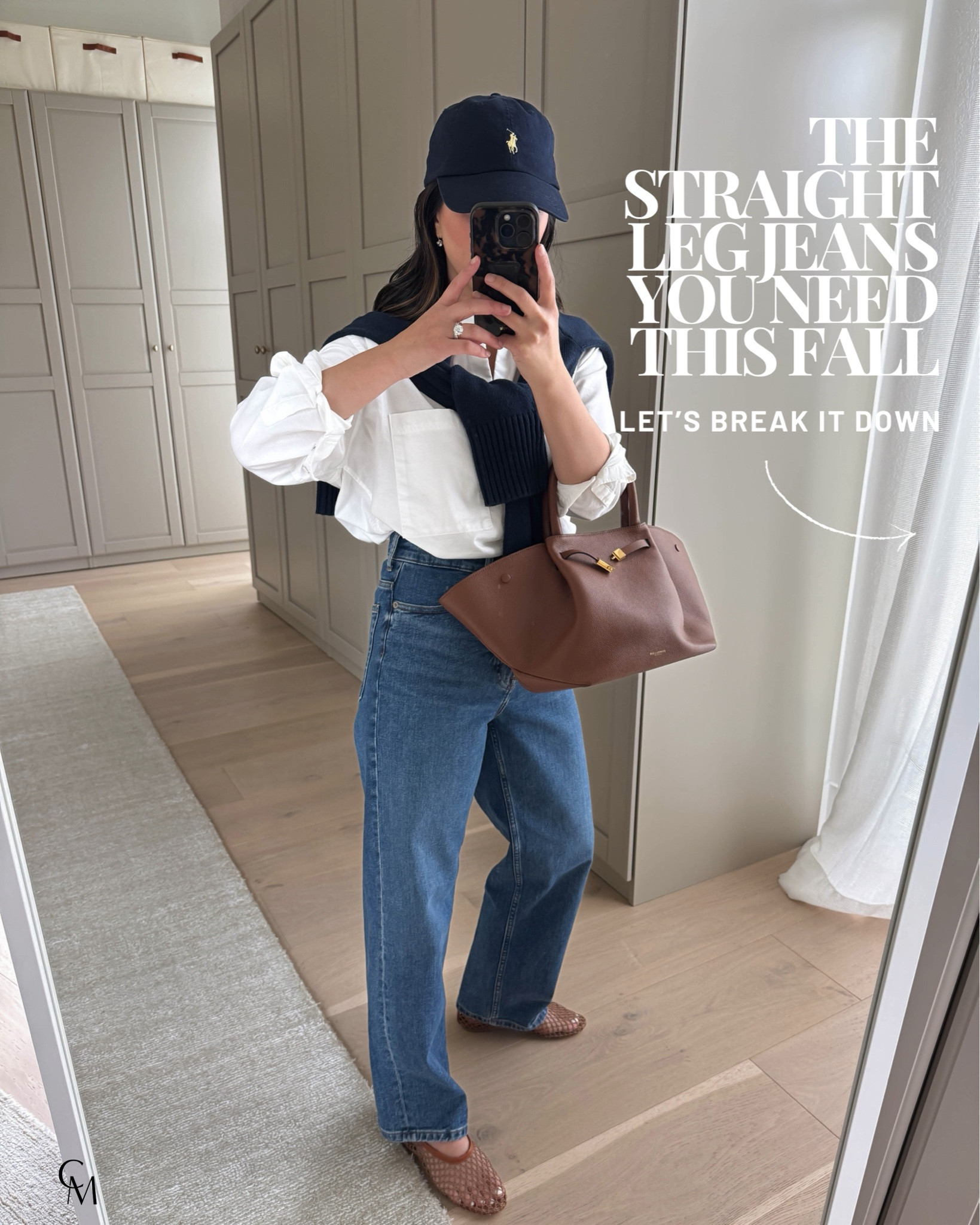 If you're looking for one pair of straight-leg jeans this fall, I'd start here. Petite-friendly, a true high rise, and they make your legs look so long.

AYR Deep end shirt xs 
Everlane Way High jeans 25 
Everlane cotton sweater xs 
Staud flats 35 
Polo Ralph Lauren hat 
Electric Picks earrings 
Dorsey James 15” 
DeMellier bag medium

#LTKootd #LTKmomlife #LTKPetite