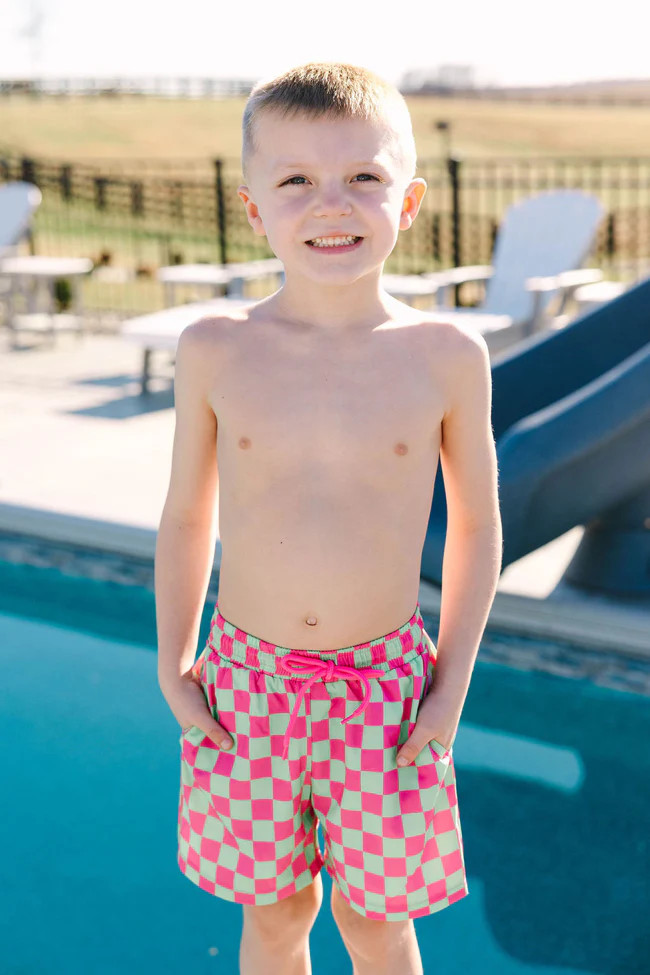 Boy's Seaside Swim Trunks In Watermelon Crawl | Pink Lily