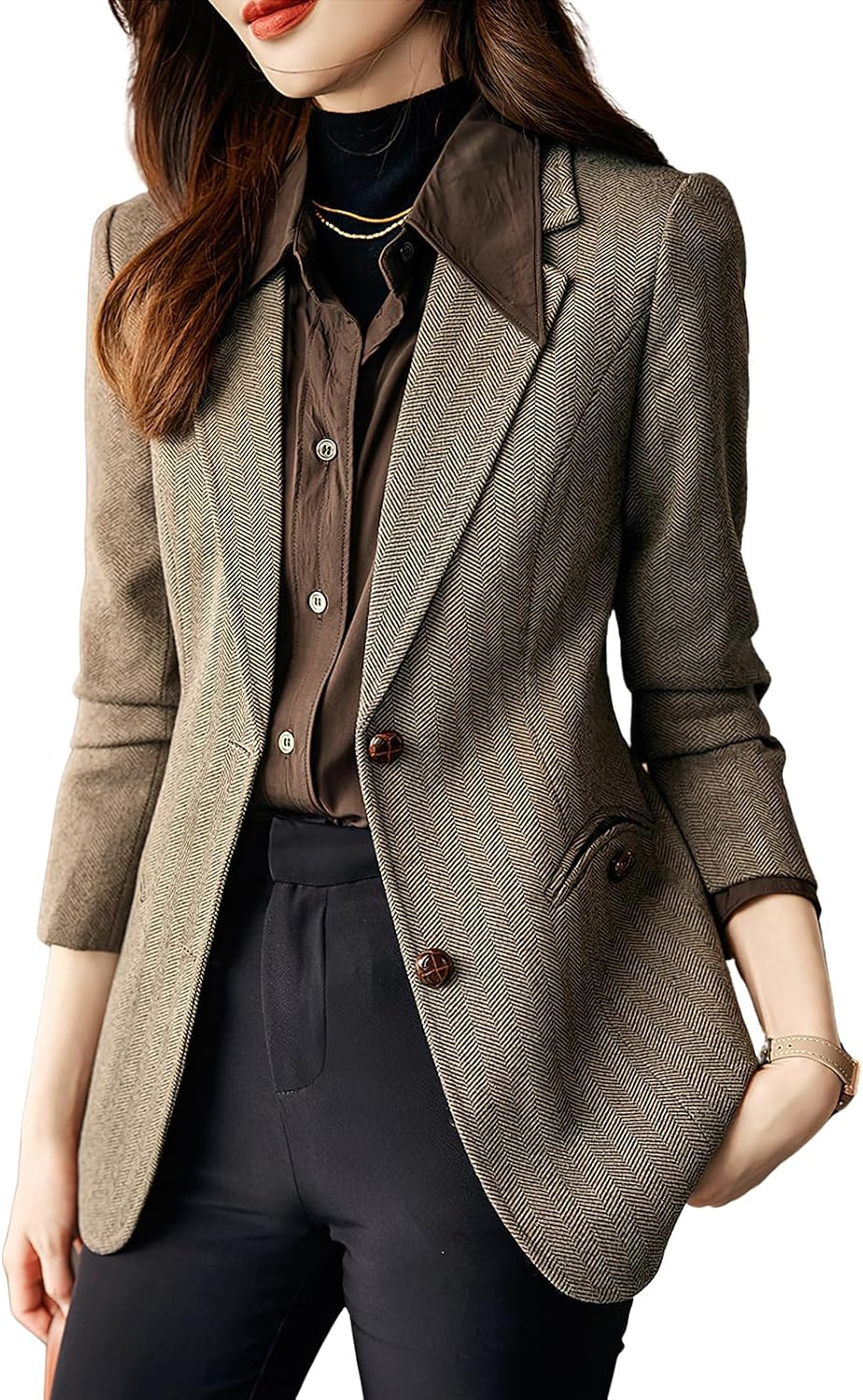Women's Notched Lapel Plaid Herringbone Blazer Jacket Classic Single Breasted Slim Wool Blend Coat | Amazon (US)