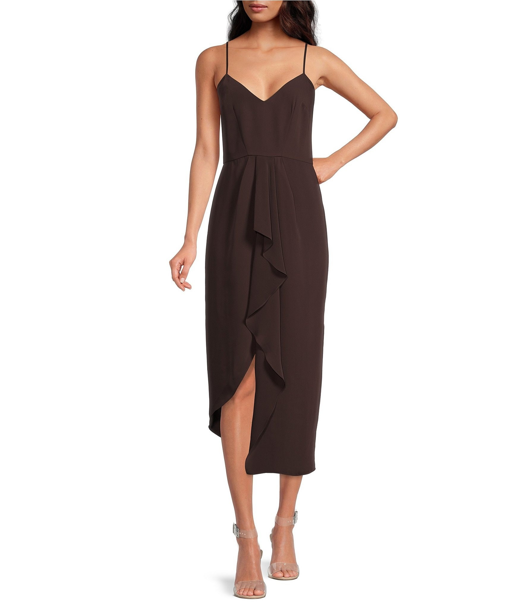 Monique V-Neck Spaghetti Strap Sleeveless Ruffle Asymmetrical Hem Midi Dress | Dillard's