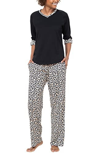 PajamaGram Womens Pajama Sets -Soft Ladies Pajamas, Leopard Print Gifts for Her, 3/4 Sleeve, 100% Cotton PJs, Black Leopard Print, MD | Amazon (US)