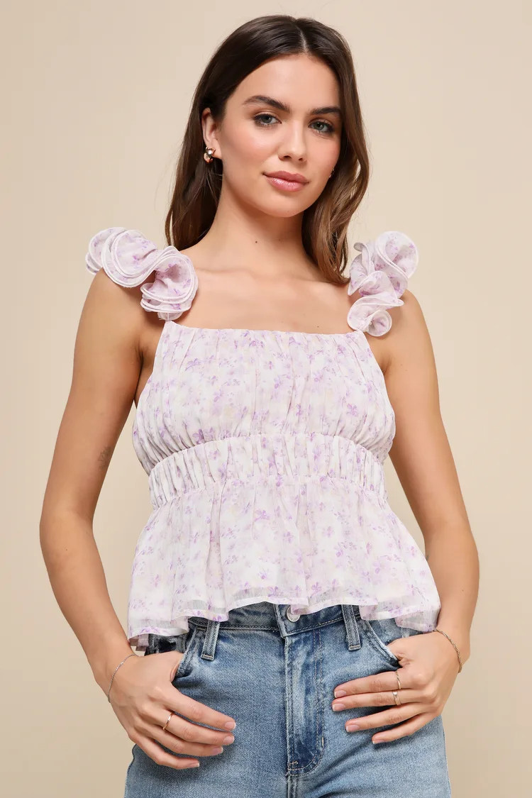 Luxe Sweetness Ivory Floral Ruffled Sleeveless Peplum Top | Lulus