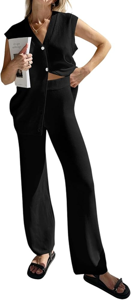 Tankaneo Womens Knit 2 Piece Outfits Sets Sleeveless Button Down Vest Tops Wide Leg Pants Lounge ... | Amazon (US)