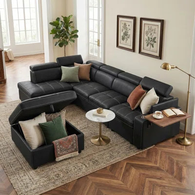 113'' Leather Sectional Sleeper Sofa With Pull Out Bed, Storage Ottoman & Rotating Side Table | Wayfair North America