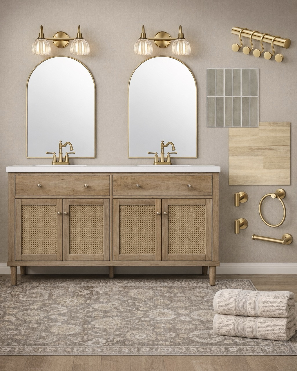 Neutral Bathroom Vanity + Gold Hardware Amazon Edit

Follow @farmtotablecreations on Instagram for more home finds 🤍

This bathroom edit is giving warm, timeless, and elevated ✨ I’m loving the mix of light oak tones, soft neutral tile, and all the brushed gold details—it’s such an easy way to make your space feel custom without the custom price tag. The double vanity with cane detail is the star, and paired with those arched mirrors and vintage-inspired lighting… it just works.

If you’re refreshing your bathroom, these are the kind of pieces that instantly pull everything together—clean, cozy, and so pretty.

#bathroomvanity #bathroomlighting #bathroommirror #bathroomdecor #bathtiles #goldhardware #towelholder #bathroomstorage #neutralhome #amazonhome

#LTKSaleAlert #LTKHome