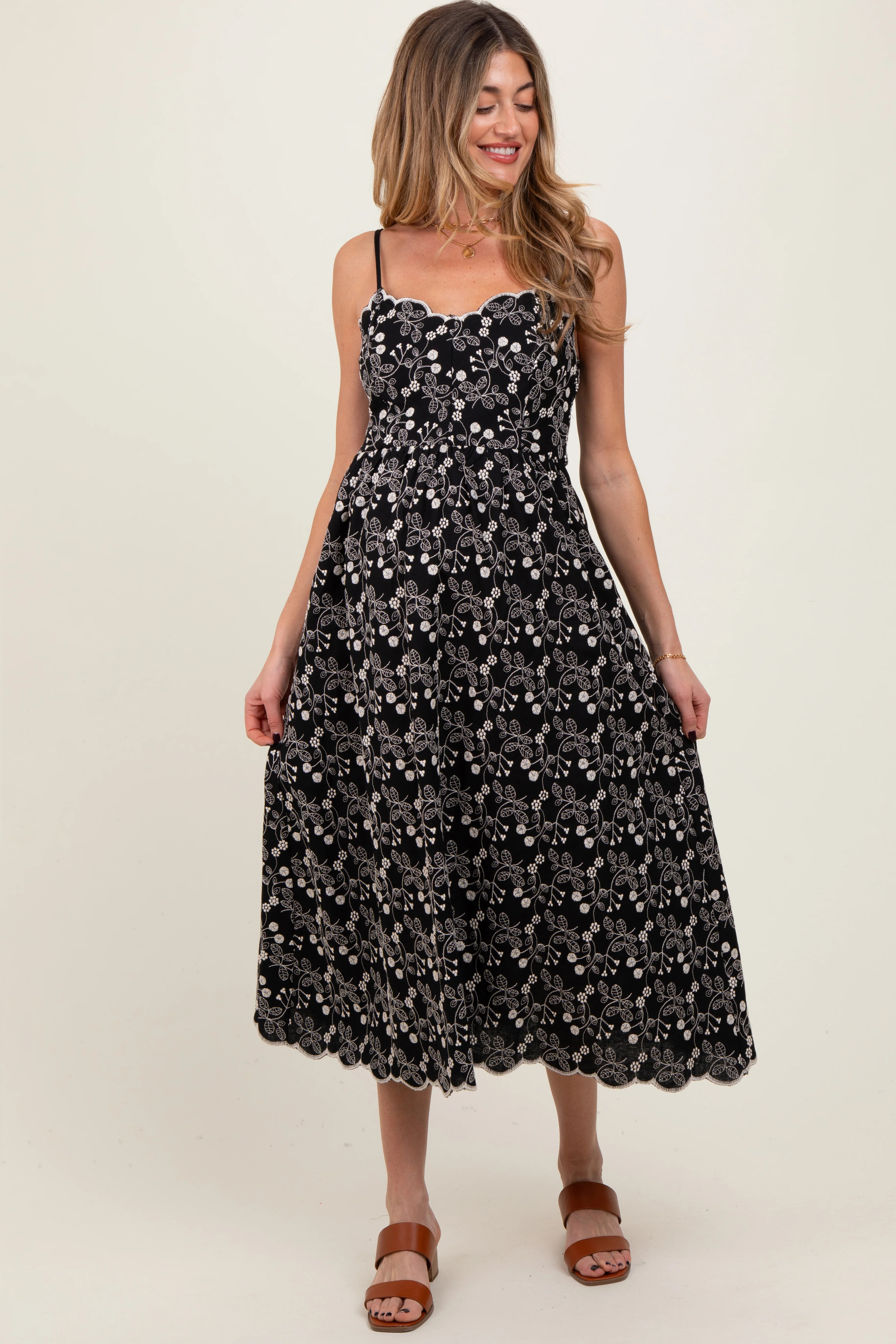 Black Floral Embroidered Scallop Detail Maternity Midi Dress | PinkBlush Maternity