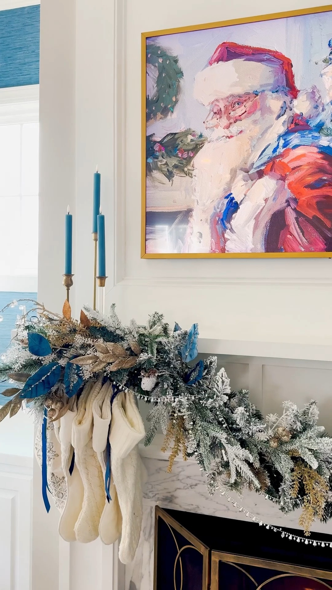 Christmas mantle, blue white and gold real touch garland flocked garland, battery candles that look real candles stockings Samsung frame TV

#LTKGiftGuide #LTKHoliday #LTKHome