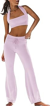 Panadila Women 2 Piece Yoga Sets Pilates Outfit Halter Sports Bra Fold Over Flare Leggings Matchi... | Amazon (US)