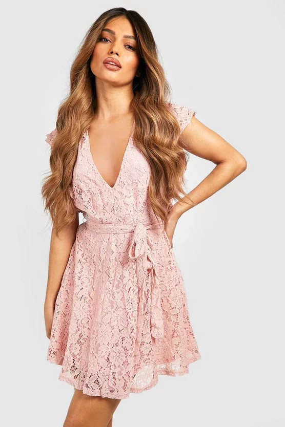Lace Ruffle Sleeve Skater Dress | Boohoo.com (US & CA)