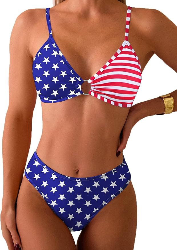 Fanuerg Women's Triangle Bikini Sets O Ring Linked Two Piece Swimsuits Floral Printed Cheeky Bath... | Amazon (US)