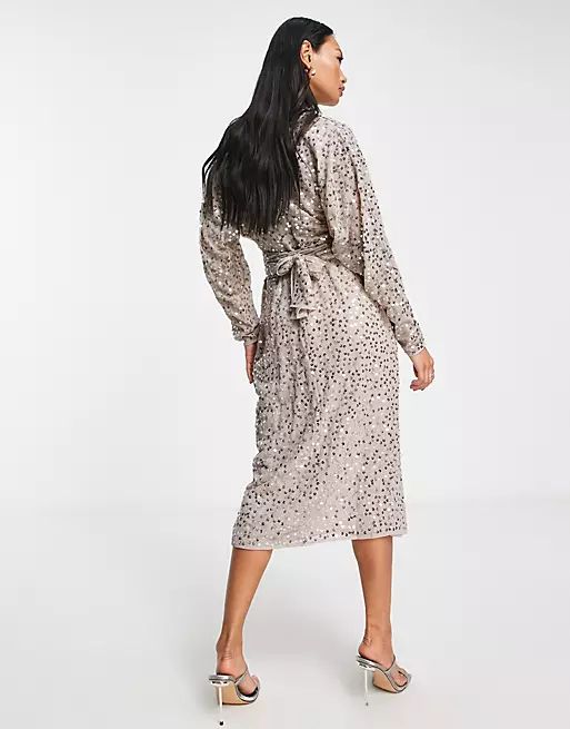 ASOS DESIGN midi dress with batwing sleeve and wrap waist in scatter sequin | ASOS (Global)