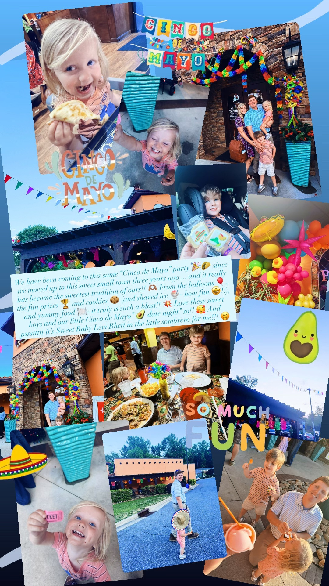 We have been coming to this same “Cinco de Mayo” party 🎉🌮 since we moved up to this sweet small town three years ago… and it really has become the sweetest tradition of ours!! 🫶🏽 From the balloons 🎈, the fun prizes 🏆 and cookies 🍪 (and shaved ice 🍧- how fun 🤩!!), and yummy food 🍽️- it truly is such a blast!! 💥 Love these sweet boys and our little Cinco de Mayo” 🥑 date night” so!! 🥰 And psssttttt it’s Sweet Baby Levi Rhett in the little sombrero for me!!! 🤭