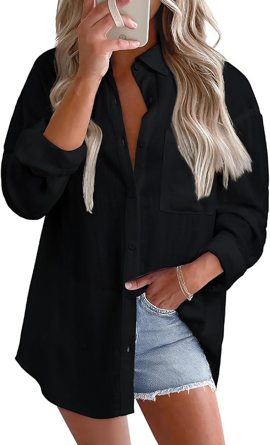 Astylish Women 2026 Loose Fit Tops Cotton Linen Button Down Shirts Collared Roll Up Long Sleeve V... | Amazon (US)