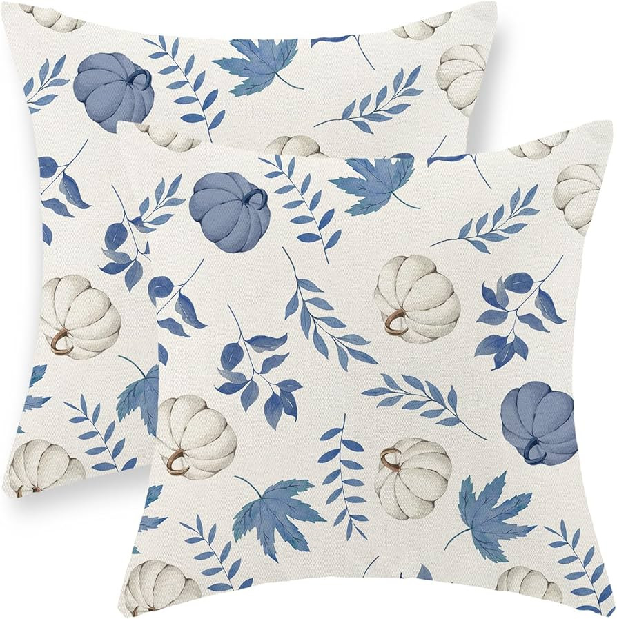 Fall Pillow Covers 18x18 Inch Set of 2 Light Blue White Pumpkin Maple Leaf Pillowcase Autumn Than... | Amazon (US)