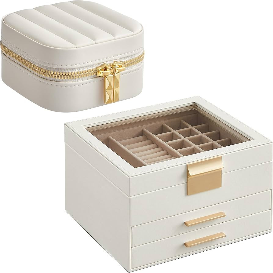 SONGMICS 3-Tier Jewelry Organizer with Glass Lid and Square Travel Jewelry Box Bundle, with Drawe... | Amazon (US)