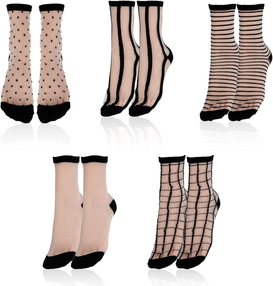 5 Pairs Sheer Socks Women Transparent Black Lace Socks Ankle Ultra-Thin See Through Socks Striped... | Amazon (US)