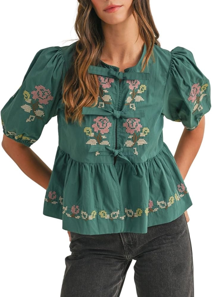 Womens Short Puff Sleeve Floral Embroidery Poplin Front Self Tie Detail Peplum Top Blouse | Amazon (US)