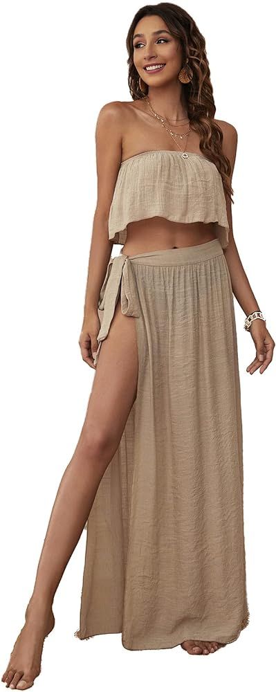 Verdusa Women's 2 Piece See Through Bandeau Top and Tie Side Long Skirt Cover Up Set | Amazon (US)