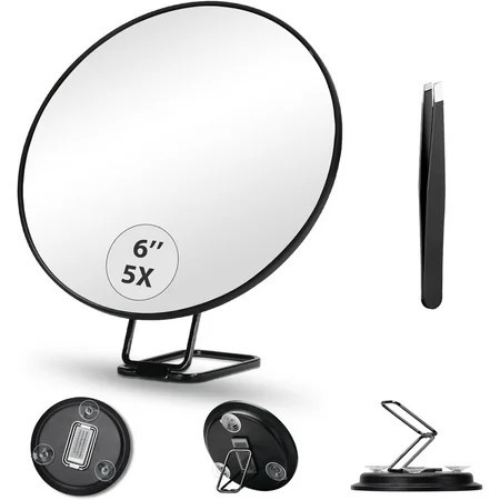 5X Handheld Magnifying Mirror 6inch Makeup 5x Magnification Mirror and Tweezers Travel Magnfied Mirror with Suction Cups & Adjustable Stand Compact Magnifying Mirror 5x Travel Makeup Magnification | Walmart (US)