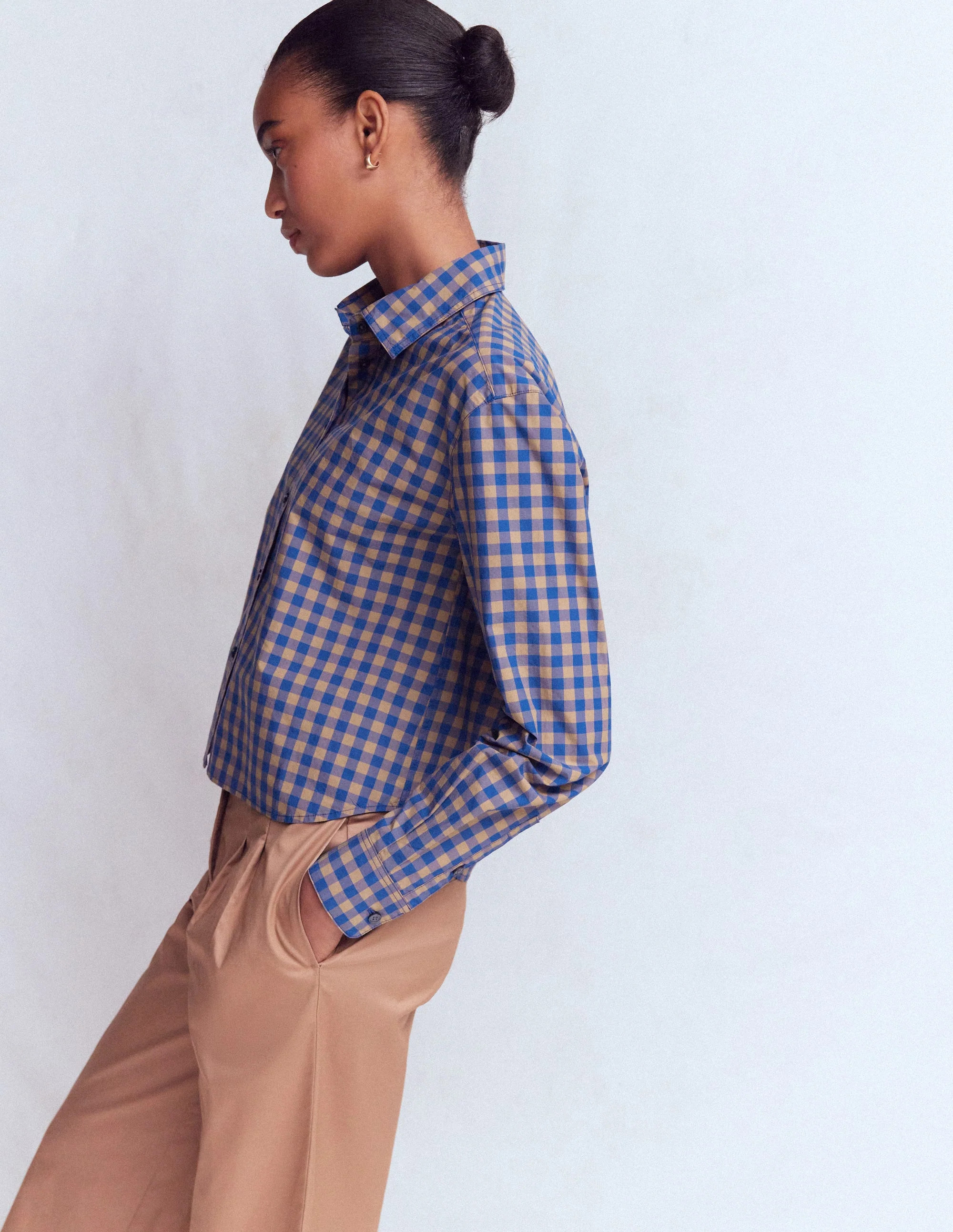 Sienna Verk\u00fcrztes Baumwollhemd-Camel, Blau Vichykaro | Boden DE