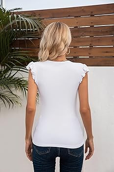 VICHYIE Summer Womens Shirt Short Ruffle Sleeve V Neck/Round Neck Ribbed Casual Tshirt Fitted Top... | Amazon (US)