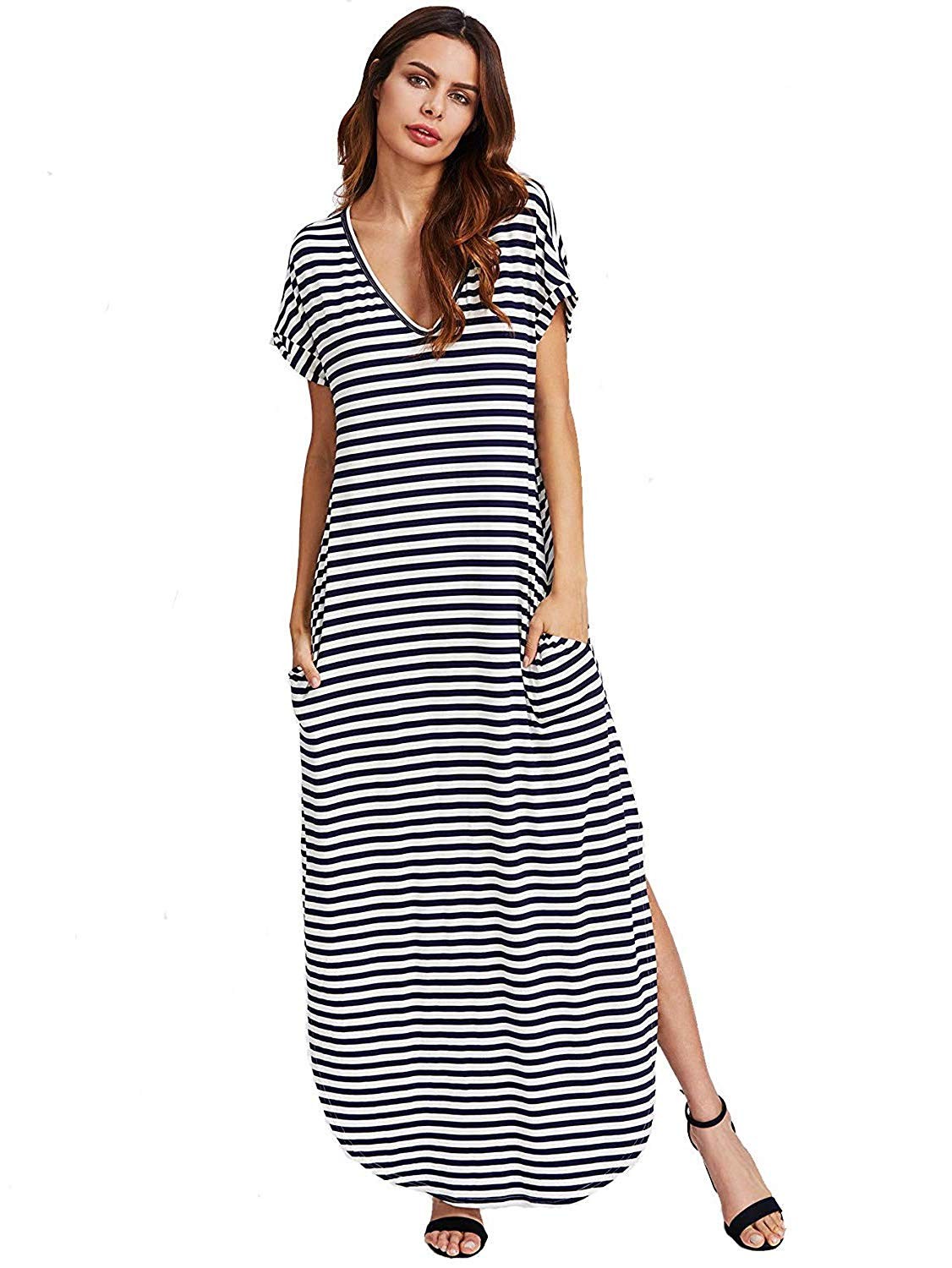 Verdusa Women's V Neck Side Pockets Split Hem Beach Long Maxi Dress | Amazon (US)