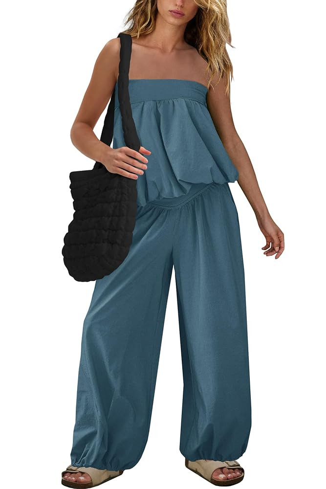 SENSERISE Pants Sets Women 2 Piece Outfits Bubble Off Shoulder Strapless Tube Top Wide Leg Pants ... | Amazon (US)