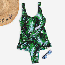 Random Palm Print Ruffle Low Back One Piece Swimwear | SHEIN