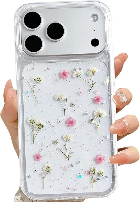 for iPhone 17 Pro Max Clear Case with Pressed Real Flowers Design,Glitter Cute Pink Floral Patter... | Amazon (US)