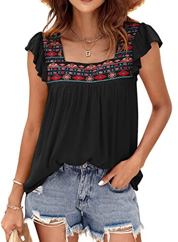 DOROSE Womens Tops Mexican Embroidered Top for Women Square Neck Babydoll Flowy Boho Peasant Blouses Black S | Amazon (US)