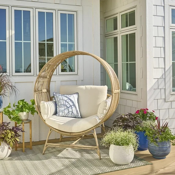 Better Homes & Gardens Bellamy Round Wicker Outdoor Egg Chair, Beige - Walmart.com | Walmart (US)