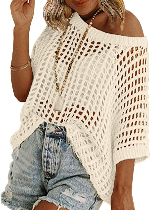 Zeagoo Short Sleeve Crochet Sweater Lightweight Summer Tops Loose Hollow Out Crewneck Pullover | Amazon (US)