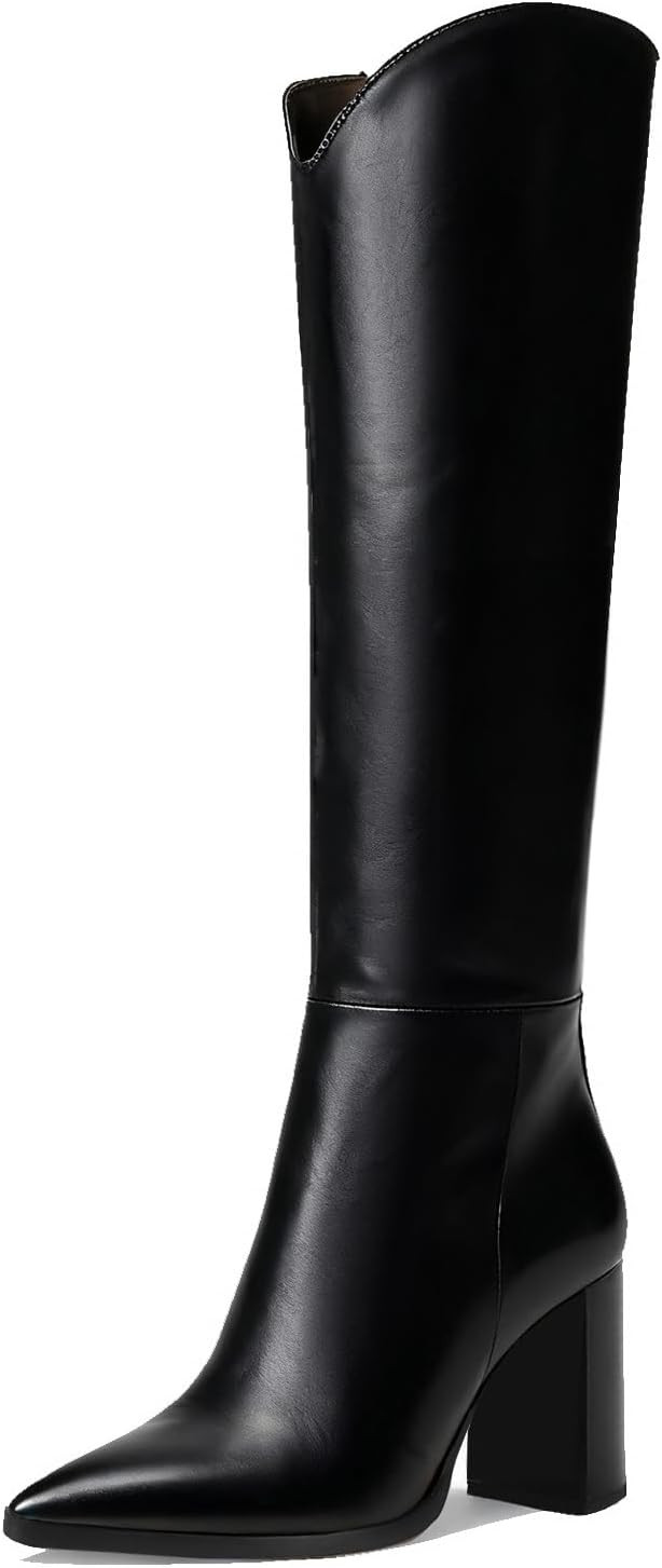Knee High Boots for Women, Comfortable Chunky High Heel Pointed Toe Wide Calf Leather Tall Boots with Side Zip | Amazon (US)
