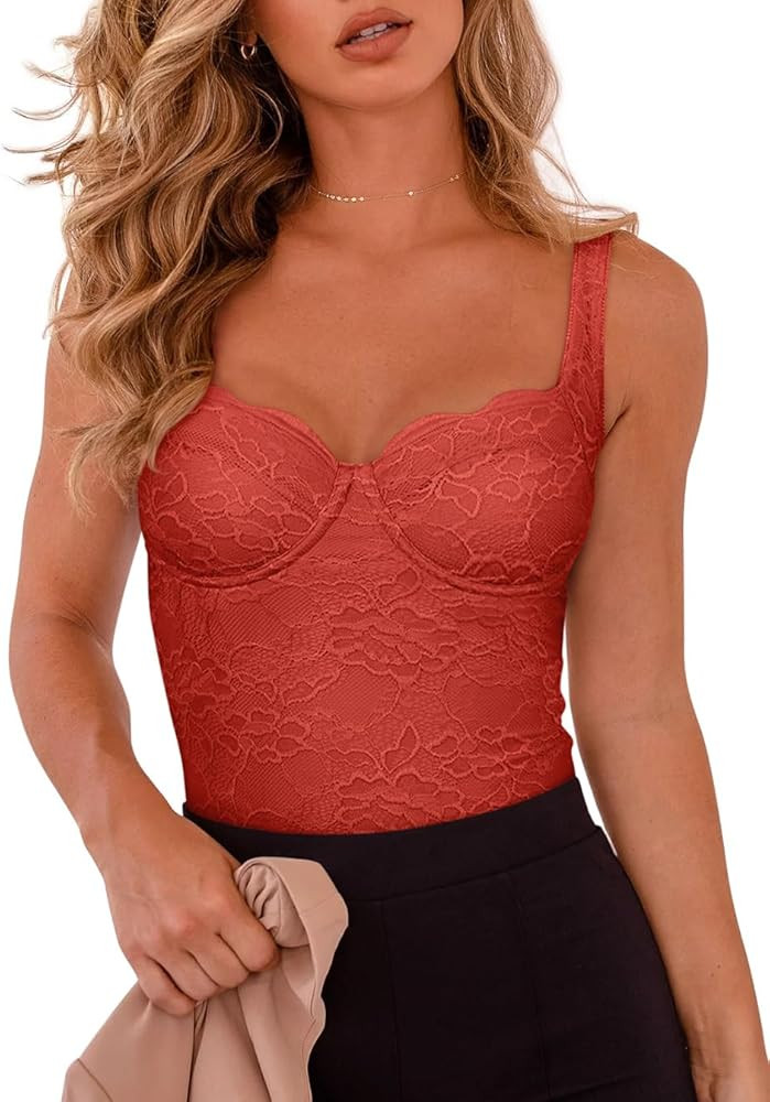 REORIA Women's Trendy Summer Sexy Sleeveless Going Out Lace Corset Tank Top Bodysuits | Amazon (US)