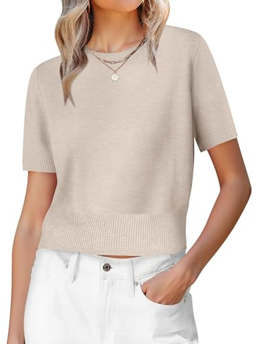 ANRABESS Womens Short Sleeve Sweaters Cropped Crew Neck Business Casual Lightweight Sweater Tops 2026 Spring Summer Outfits Almond X-Large | Amazon (US)