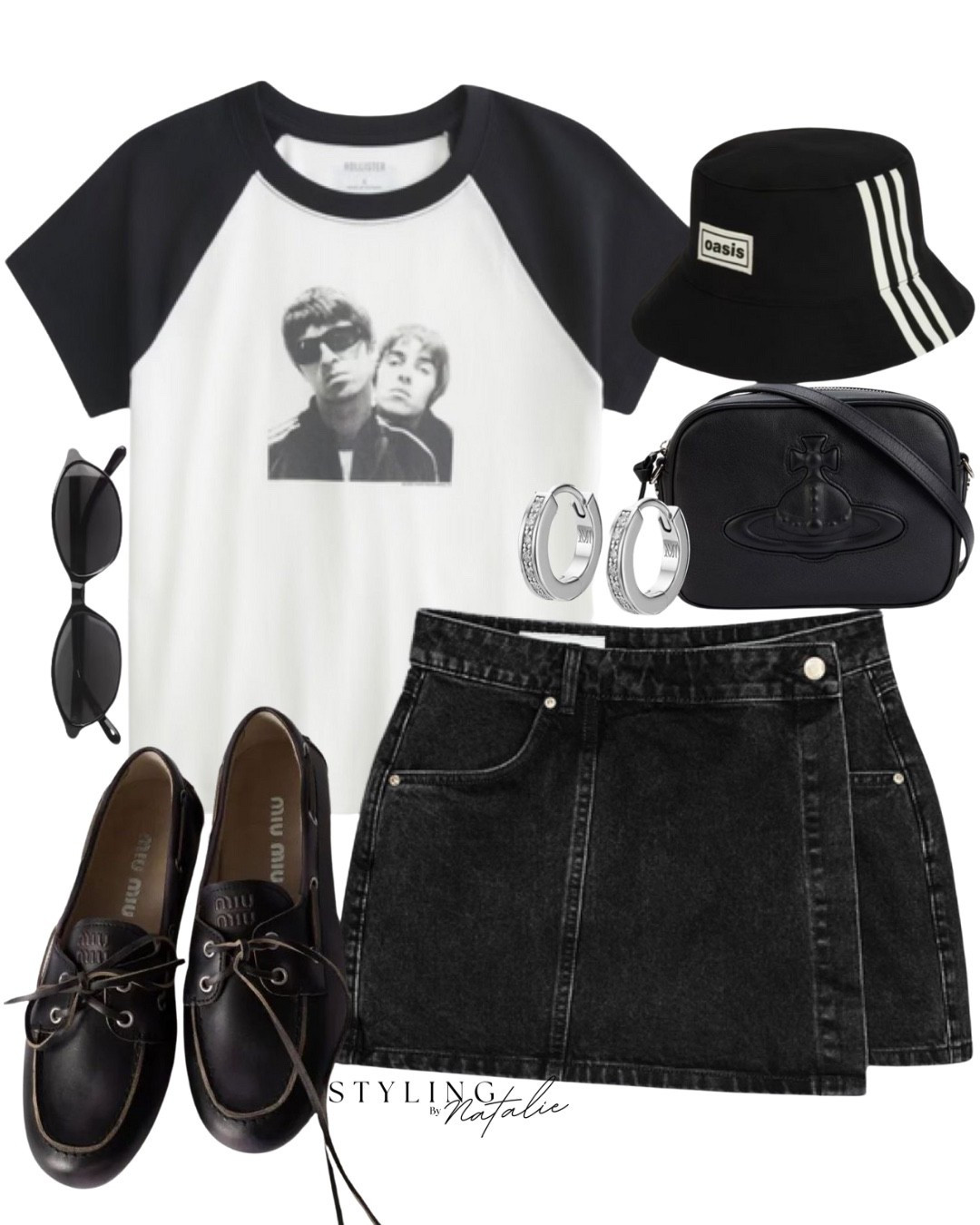 Oasis tour look- 
Band tee, Adidas Originals x Oasis black bucket hat, black denim mini skirt, catseye sunglasses, Miu Miu boat shoes, silver hoops. Festival, concert outfit

#LTKsummer #LTKfestival #LTKuk