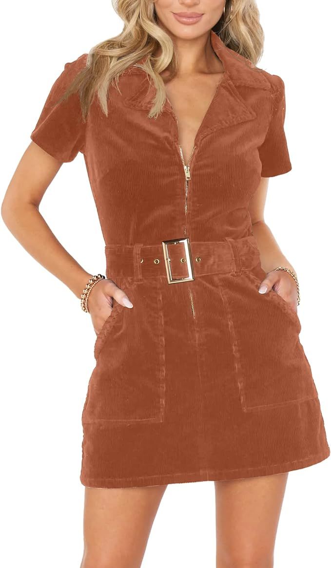 Women's Corduroy Mini Dress Short Sleeve Lapel Zip Up Belted Cowgirl Dresses with Pockets | Amazon (US)