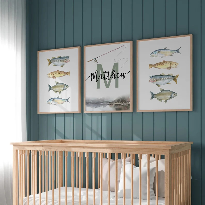 Personalized Fishing Nursery Art Print | Custom Fish Decor | Name Art for Kids | Watercolor Rainb... | Etsy (US)