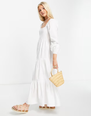 ASOS DESIGN cotton square neck shirred bodice button through maxi dress in white | ASOS | ASOS (Global)