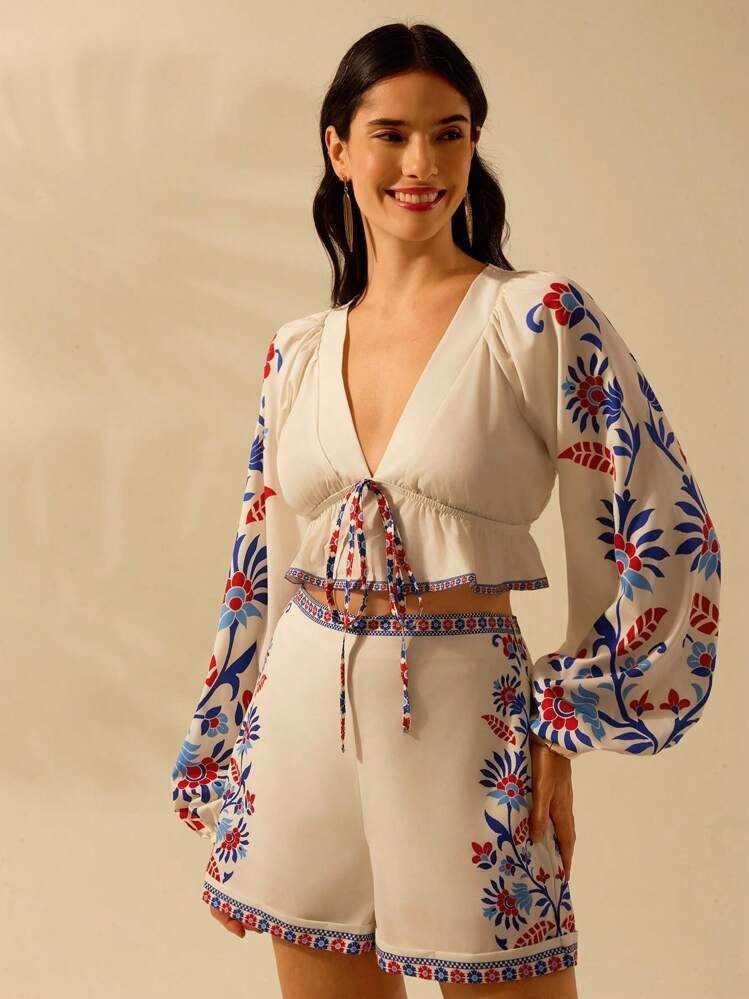 CAJUNI Women's Boho Style Beige Tropical Floral Print Deep V-Neck Lantern Sleeve Tie Front Blouse, Casual Resort Beach Crop Top For Summer | SHEIN