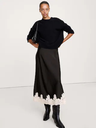 Stretch-Satin Lace-Hem Midi Skirt | Banana Republic (CA)