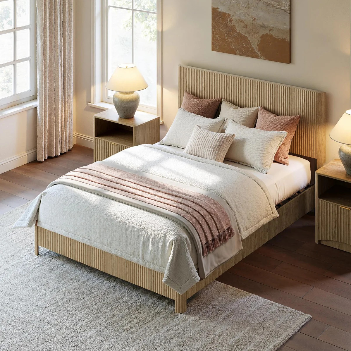Queen Bed Frame With Headboard, Mid Century Modern Fluted Platform Bed, Boho Wooden Bed Base No B... | Wayfair North America