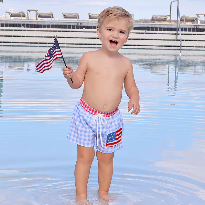 American Flag Applique Blue Gingham Swim Trunks | Classic Whimsy