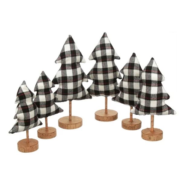 Holiday Time Christmas Plaid Fabric Tree Table Top Decorations in Black and Off-White, Set of 6 -... | Walmart (US)