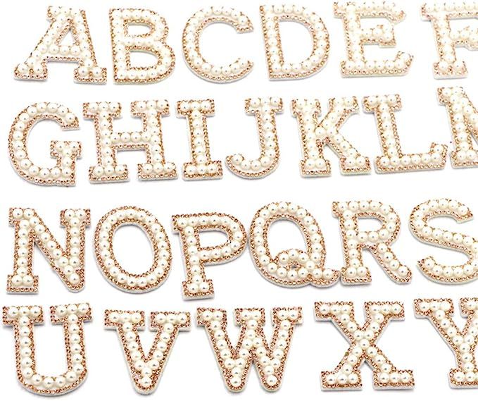 Lesix Gold Rhinestone Pearl English Alphabet Patch 3D Beaded Stickers Mixed Embroidery Patch for ... | Amazon (US)