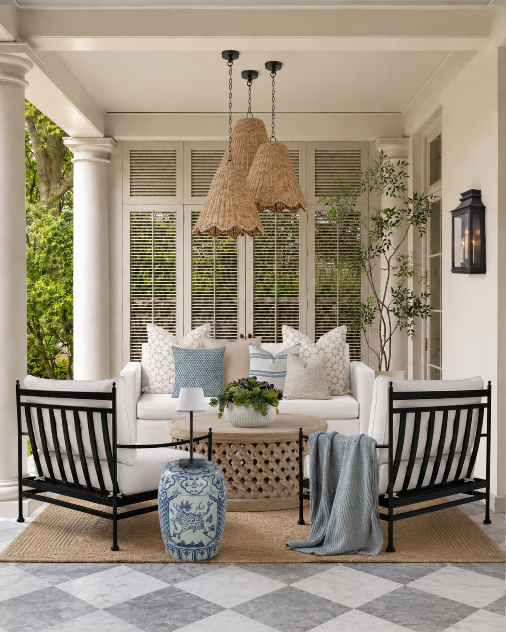 A layered outdoor seating area that feels collected without going over the top. The mix of black metal, woven textures, blue-and-white accents, and soft neutral cushions gives the whole space that polished patio feel.

I may receive a commission from purchases made through these links. 

 #LTKHome
